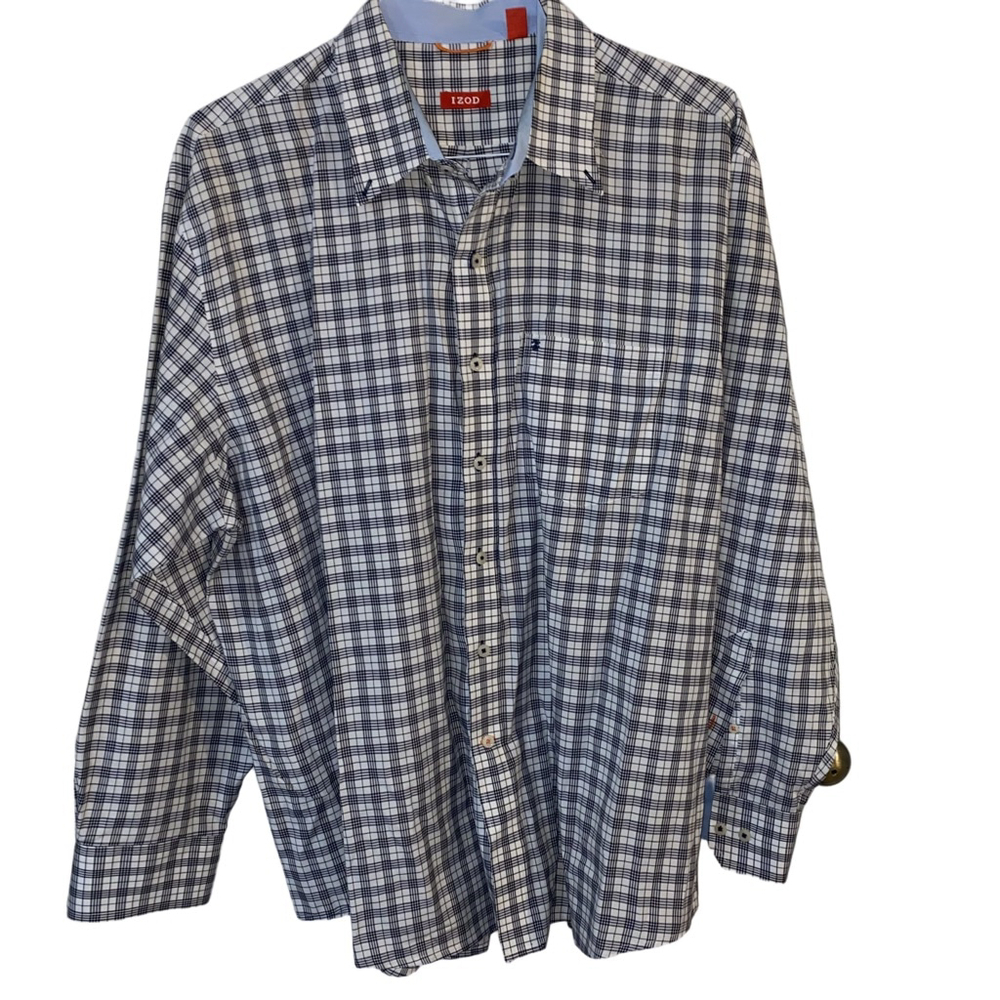 Men's IZOD Plaid Casual Button Down Shirt XL White Dark Blue